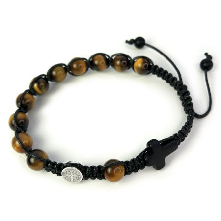 Męska bransoletka różaniec sznurkowy na rękę ✞ TYGRYSIE OKO i STAL NIERDZEWNA Św. Benedykt MRB018
