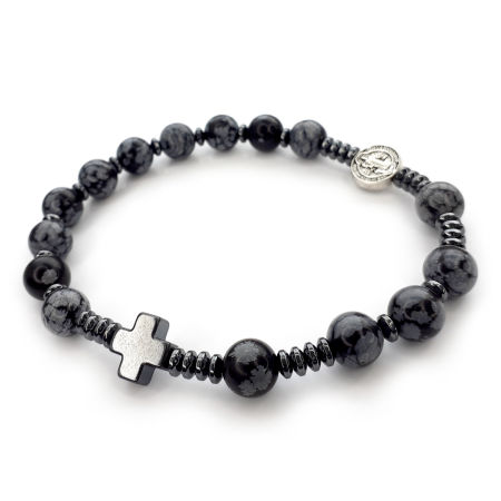 Męska bransoletka różaniec ze Św. Benedyktem ✞ obsydian śnieżny MRB004