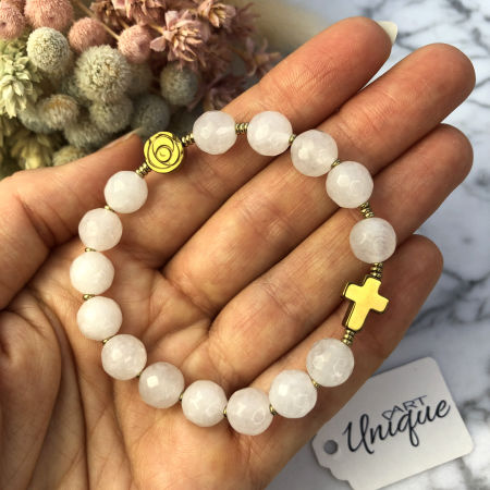 Dziecięcy różaniec bransoletka kamień jadeit hematyt PAMIĄTKA CHRZTU ARTUNIQUE