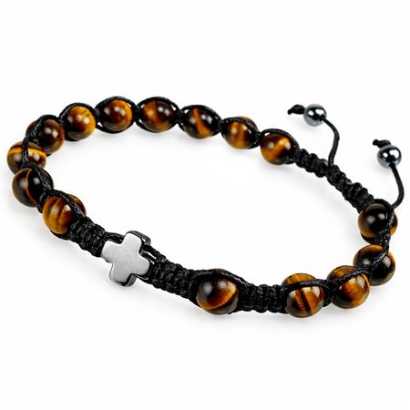 Męska bransoletka różaniec sznurkowy na rękę ✞ tygrysie oko i czarny hematyt MMRB008