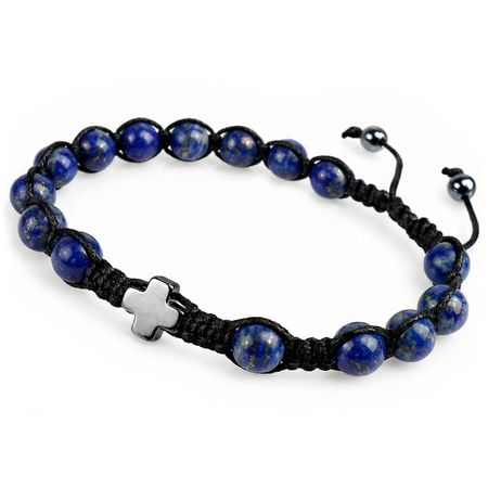 Męska bransoletka różaniec sznurkowy na rękę ✞ lapis lazuli i czarny hematyt MMRB010