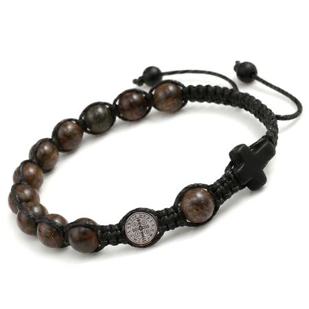 Męska bransoletka różaniec sznurkowy na rękę ✞ bronzyt i stal nierdzewna ✞ Św. Benedykt ✞ MMRB014