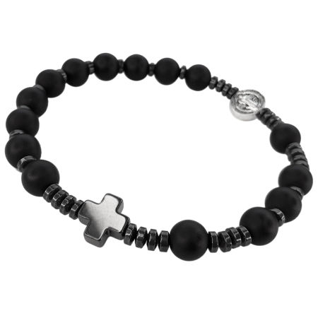 Męska bransoletka różaniec ze Św. Benedyktem ✞ onyks matowy MRB001