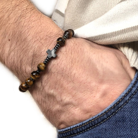 Męska bransoletka różaniec ze Św. Benedyktem ✞ tygrysie oko MRB005