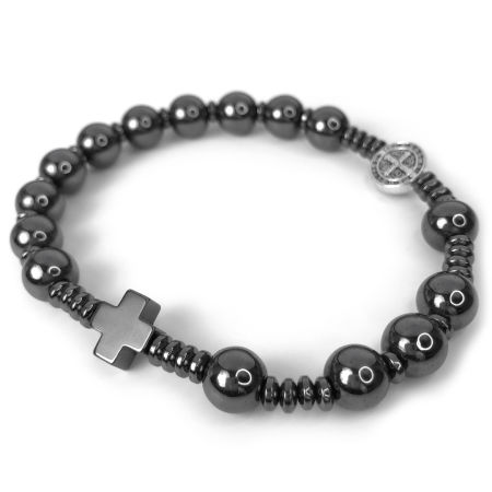 Męska bransoletka różaniec na rękę ze Św. Benedyktem ✞ HEMATYT ✞ MRB006