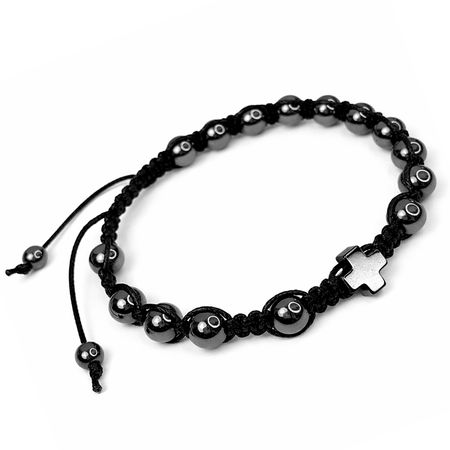 Męska bransoletka różaniec sznurkowy na rękę ✞ czarny hematyt MRB008