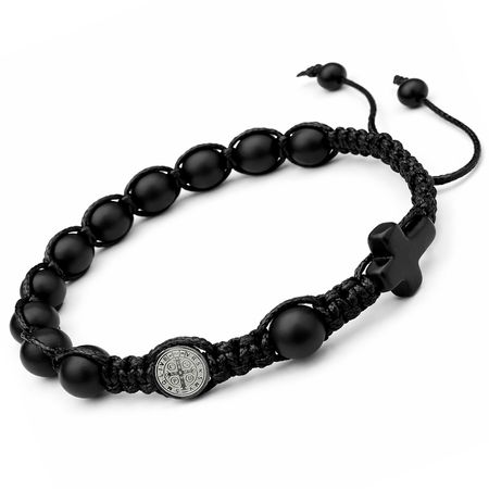 Męska bransoletka różaniec sznurkowy na rękę ✞ ONYKS MATOWY i STAL NIERDZEWNA ✞ Św. Benedykt ✞ MRB009