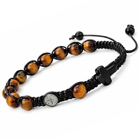 Męska bransoletka różaniec sznurkowy na rękę ✞ TYGRYSIE OKO i STAL NIERDZEWNA Św. Benedykt MRB018