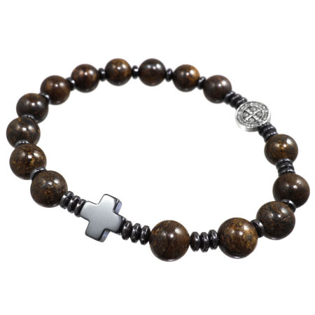 Męska bransoletka różaniec ze Św. Benedyktem ✞ bronzyt MRB020