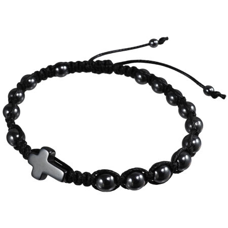 Damska lub chłopięca bransoletka różaniec sznurkowy na rękę ✞ czarny hematyt WMB002