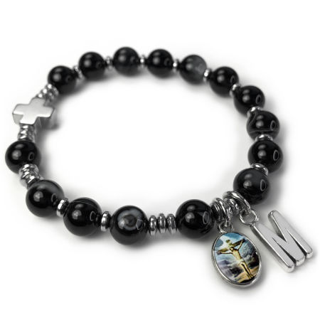 Różaniec bransoletka z inicjałem ✞ agat pasiasty czarny ✞ WRB065