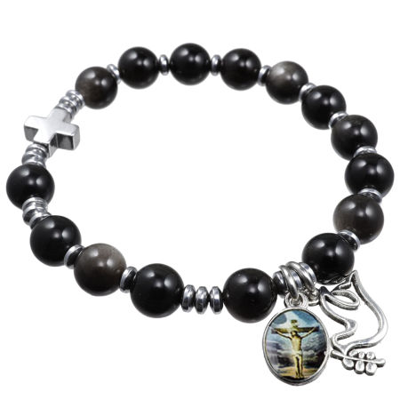 Różaniec bransoletka na rękę ✞ obsydian srebrny ✞ WRB109