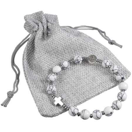 Różaniec bransoletka ze Św. Benedyktem ✞ biały howlit, hematyt ✞ PAMIĄTKA KOMUNII BIERZMOWANIA YRB001