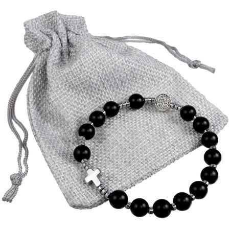 Różaniec bransoletka ze Św. Benedyktem ✞ onyks matowy, hematyt ✞ PAMIĄTKA KOMUNII BIERZMOWANIA YRB003