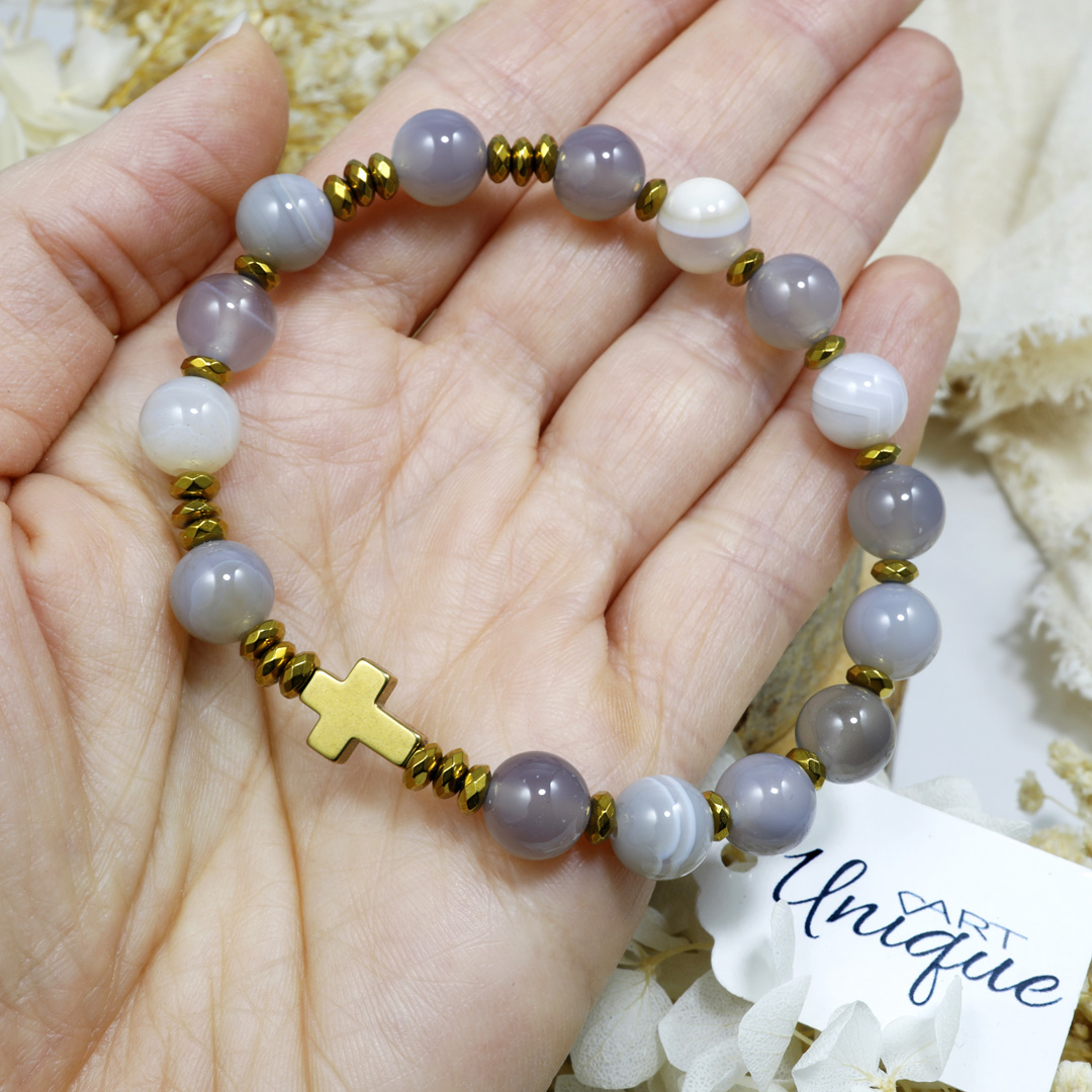 Różaniec bransoletka na rękę ✞ agat szary WRB126 - ArtUnique zdjęcie 2