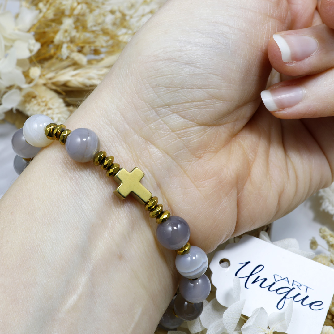 Różaniec bransoletka na rękę ✞ agat szary WRB126 - ArtUnique zdjęcie 3