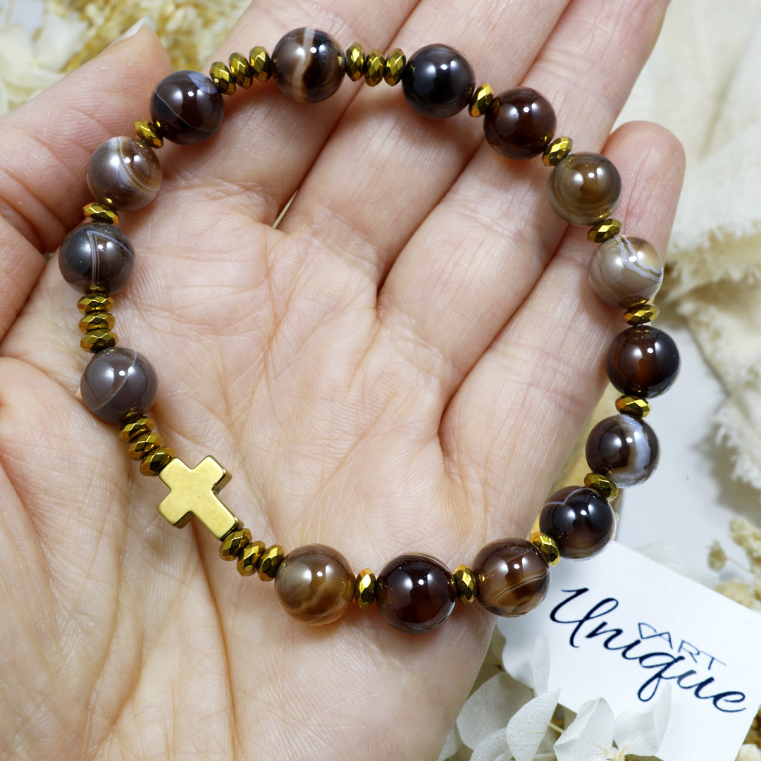 Różaniec bransoletka na rękę ✞ agat brązowy WRB127 - ArtUnique zdjęcie 2