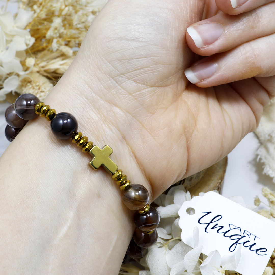 Różaniec bransoletka na rękę ✞ agat brązowy WRB127 - ArtUnique zdjęcie 3