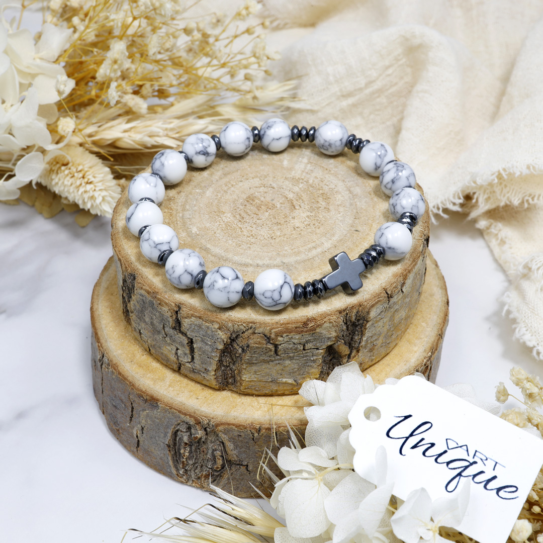 Różaniec bransoletka na rękę ✞ howlit i czarny hematyt WRB129 - ArtUnique zdjęcie 1