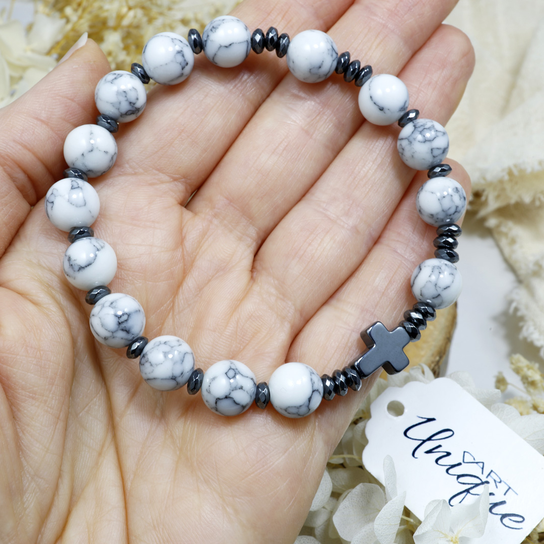 Różaniec bransoletka na rękę ✞ howlit i czarny hematyt WRB129 - ArtUnique zdjęcie 2