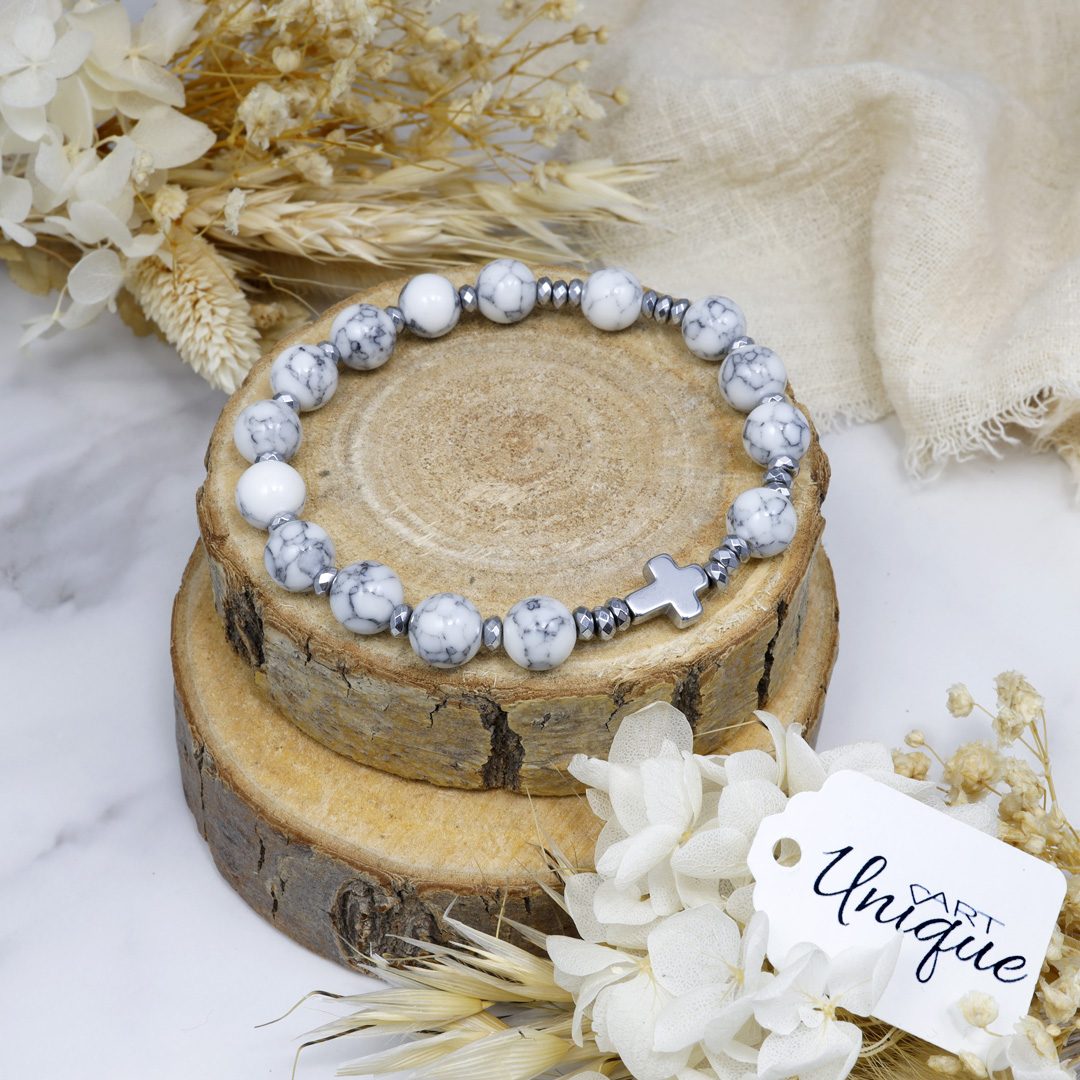 Różaniec bransoletka na rękę ✞ howlit i srebrny hematyt WRB130 - ArtUnique zdjęcie 1