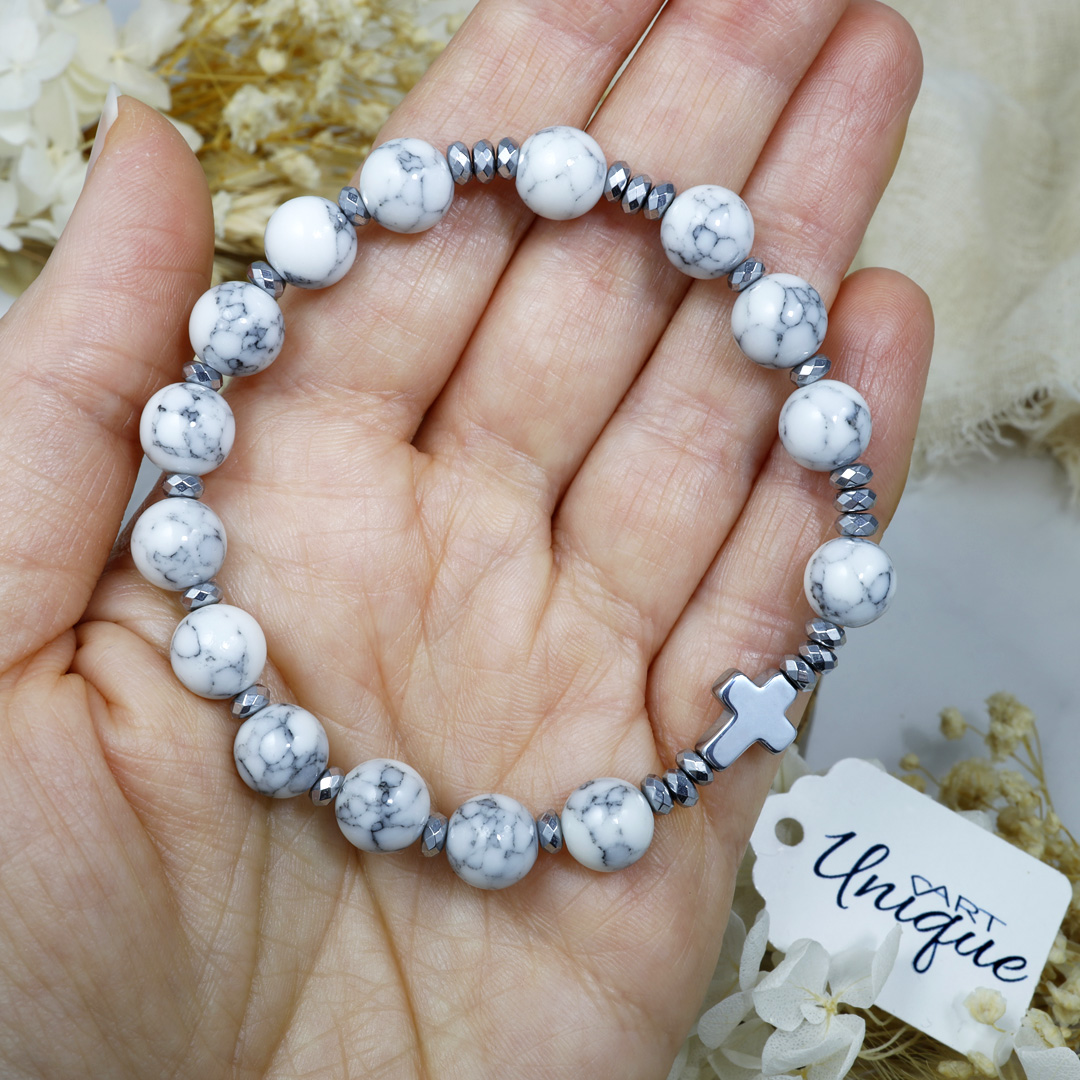 Różaniec bransoletka na rękę ✞ howlit i srebrny hematyt WRB130 - ArtUnique zdjęcie 2