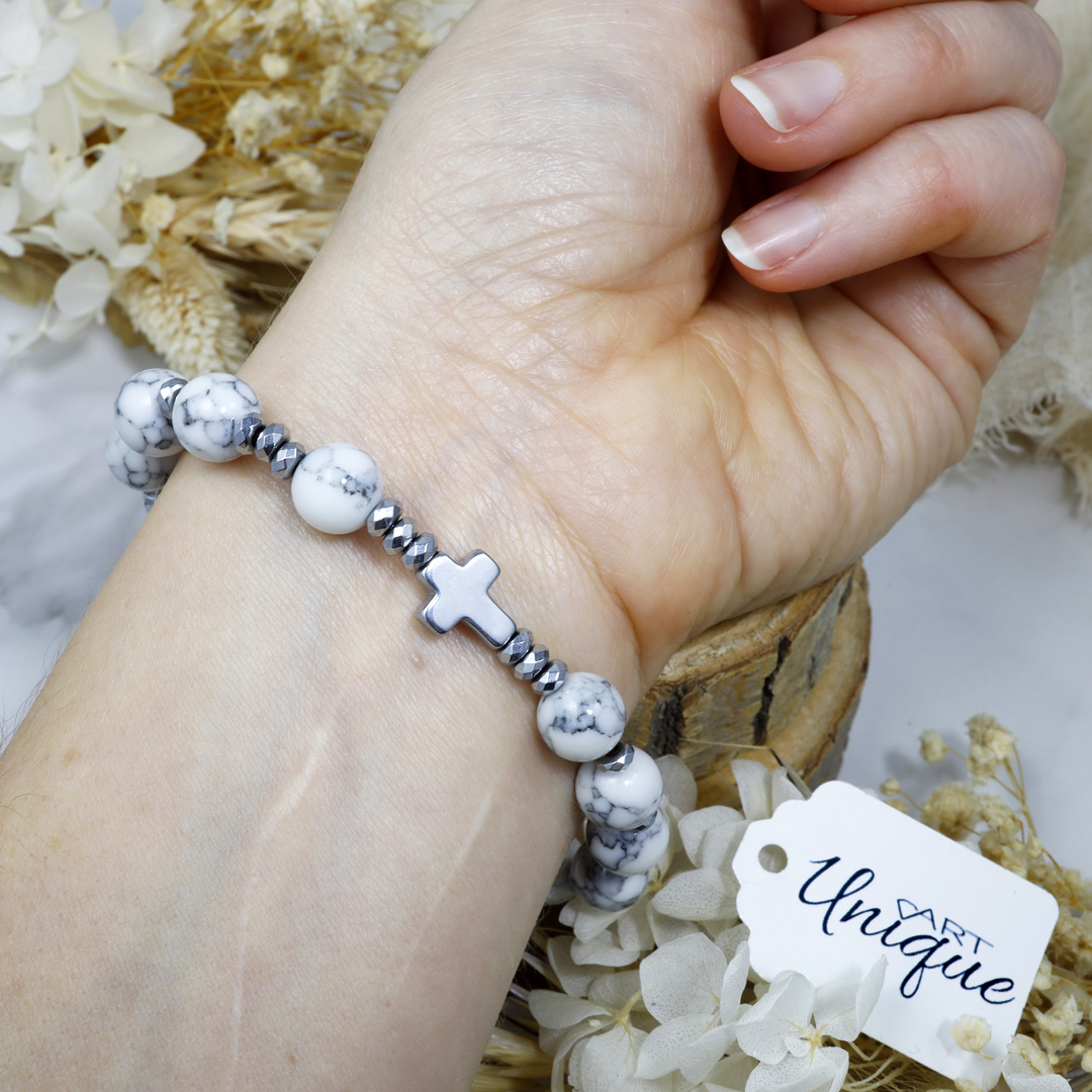 Różaniec bransoletka na rękę ✞ howlit i srebrny hematyt WRB130 - ArtUnique zdjęcie 3