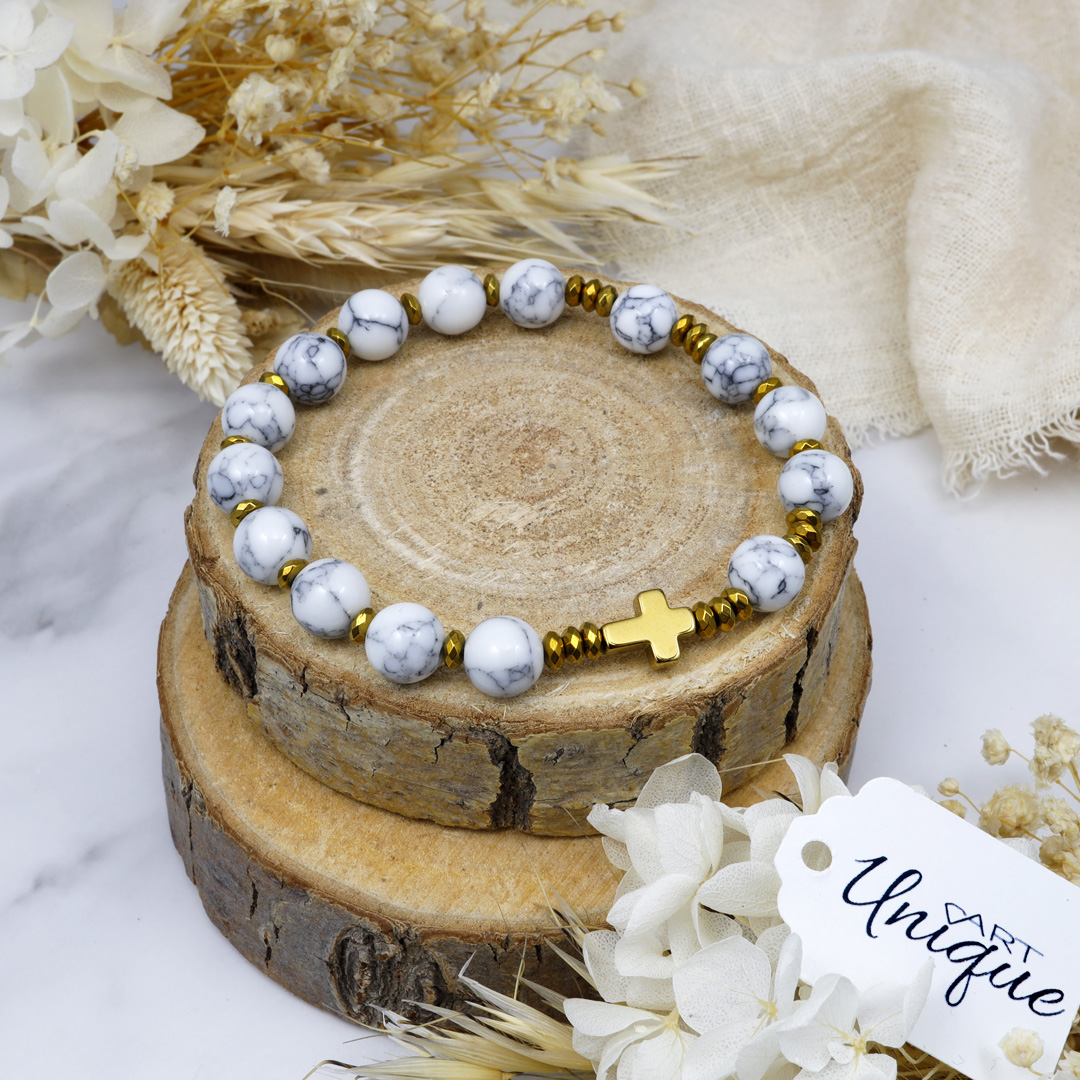 Różaniec bransoletka na rękę ✞ howlit i złoty hematyt WRB131 - ArtUnique zdjęcie 1