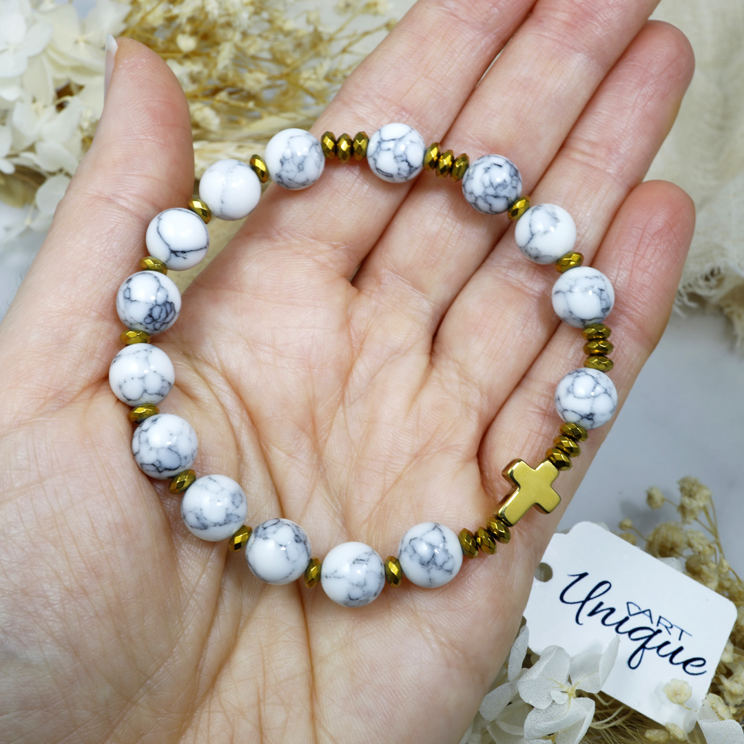 Różaniec bransoletka na rękę ✞ howlit i złoty hematyt WRB131 - ArtUnique zdjęcie 2