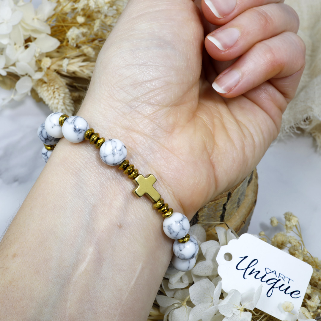 Różaniec bransoletka na rękę ✞ howlit i złoty hematyt WRB131 - ArtUnique zdjęcie 3