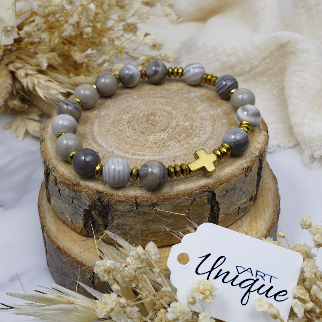 Różaniec bransoletka na rękę ✞ krzemień pasiasty WRB132 - ArtUnique zdjęcie 1