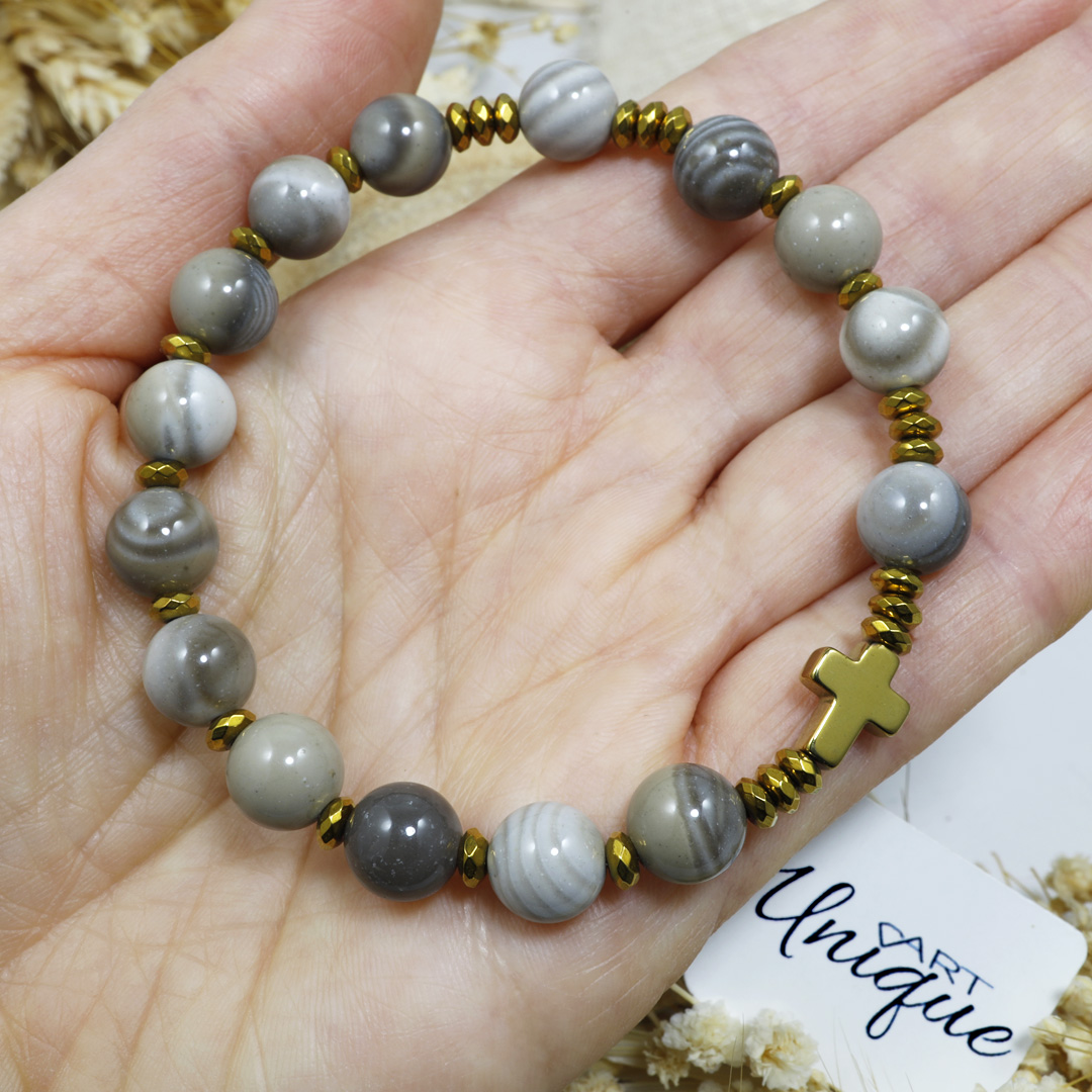 Różaniec bransoletka na rękę ✞ krzemień pasiasty WRB132 - ArtUnique zdjęcie 2