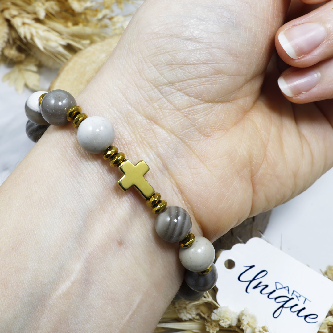 Różaniec bransoletka na rękę ✞ krzemień pasiasty WRB132 - ArtUnique zdjęcie 3