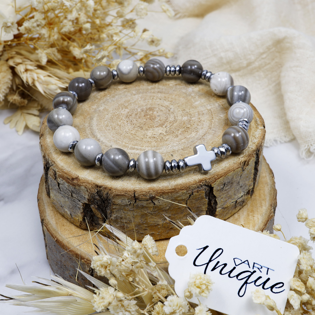 Różaniec bransoletka na rękę ✞ krzemień pasiasty WRB133 - ArtUnique zdjęcie 1