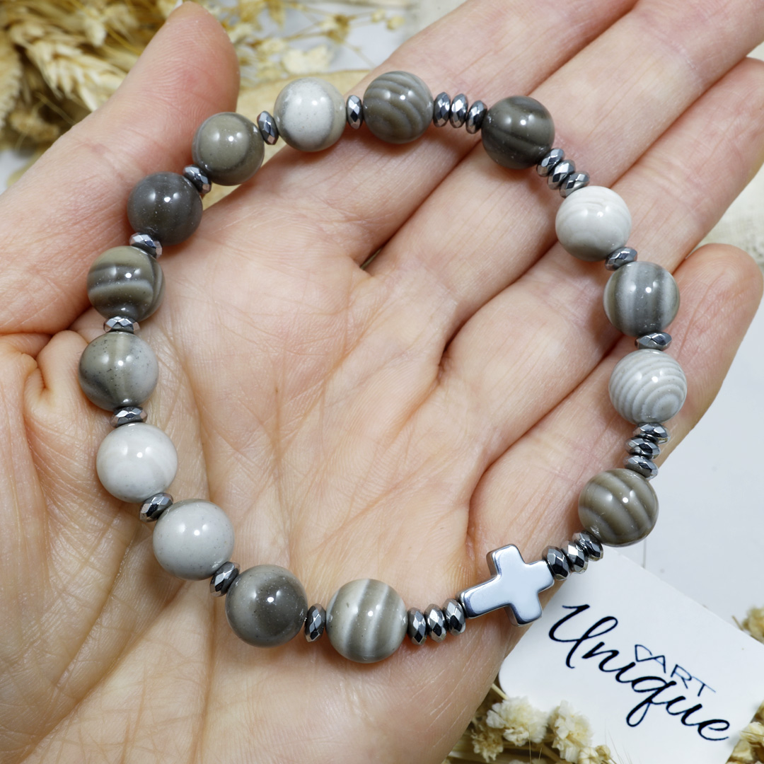 Różaniec bransoletka na rękę ✞ krzemień pasiasty WRB133 - ArtUnique zdjęcie 2