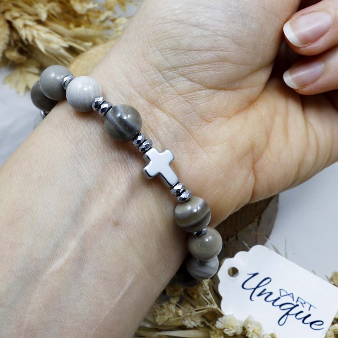 Różaniec bransoletka na rękę ✞ krzemień pasiasty WRB133 - ArtUnique zdjęcie 3